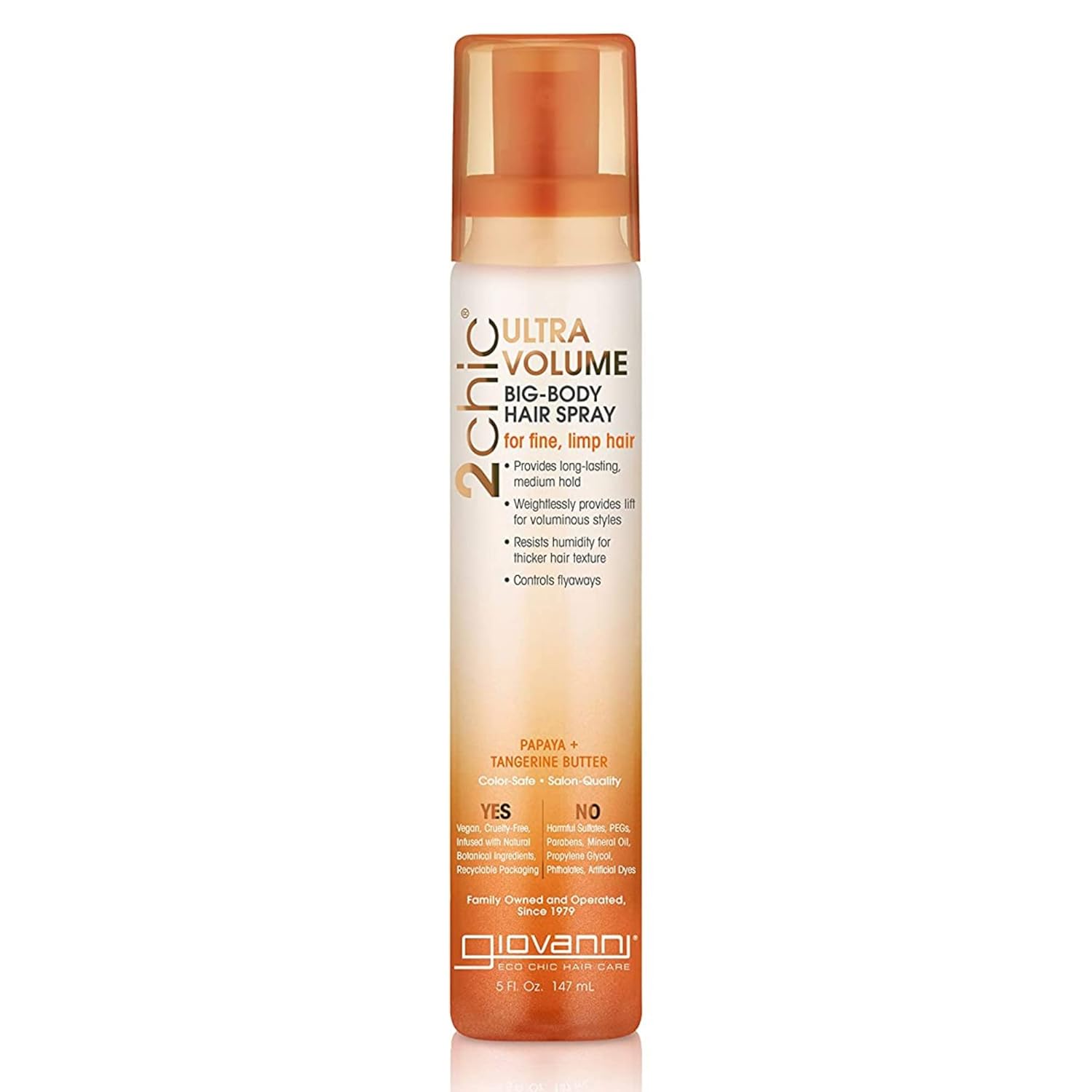 Giovanni 2Chic Ultra-Volume Big-Body Hair Spray - Daily Volumizing Formula With Papaya & Tangerine Butter, Promotes Weightless Control For Fine Limp Thin Hair, No Parabens, Color Safe - 5 Oz