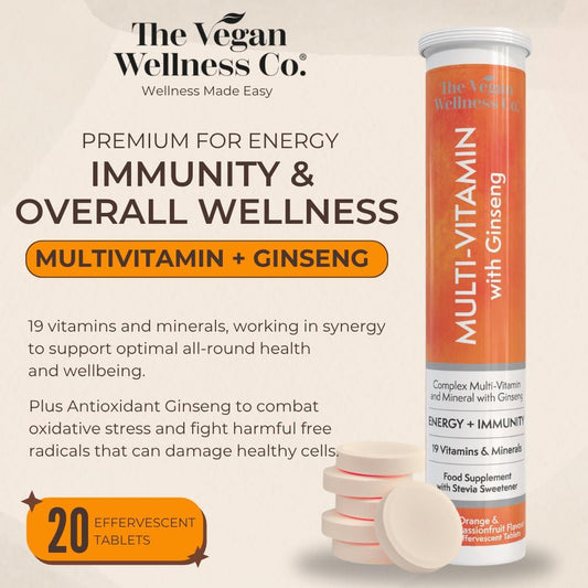 The Vegan Wellness Co. Multivitamin With Ginseng, 19 Nutrients For Energy + Immunity, 40 Effervescent Tablets - Orange And Passionfruit Flavour Immune Booster
