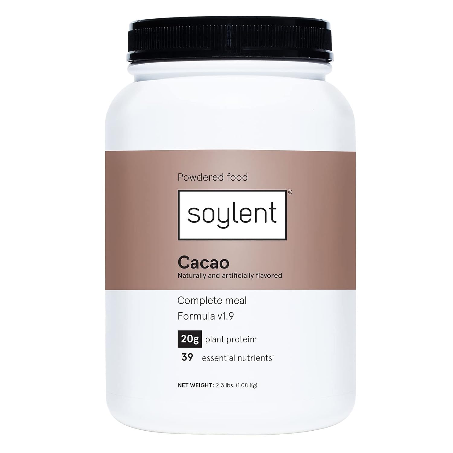 Soylent Complete Nutrition Meal Replacement Protein Powder, Cacao - Plant Based Vegan Protein, 39 Essential Nutrients - 36.8Oz