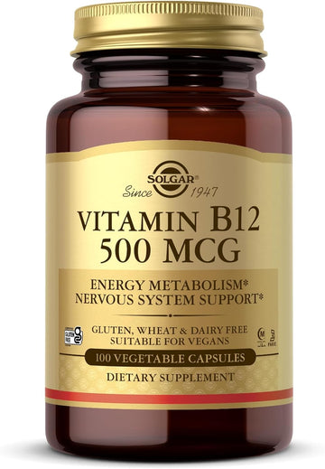 Solgar Vitamin B12 500 Mcg - 100 Vegetable Capsules - Energy Metabolism & Nervous System Support - Non-Gmo, Vegan, Gluten & Dairy Free, Kosher, Halal - 100 Servings