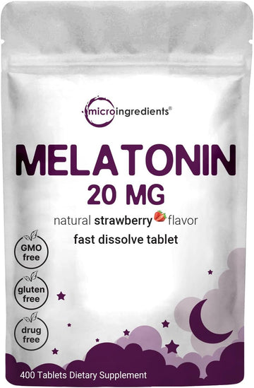 Micro Ingredients Melatonin 20mg Tablets, 400 Counts, Natural Strawberry Flavor, Fast Dissolve | No Drug, Vegetarian Friendly, Non-GMO & No Gluten