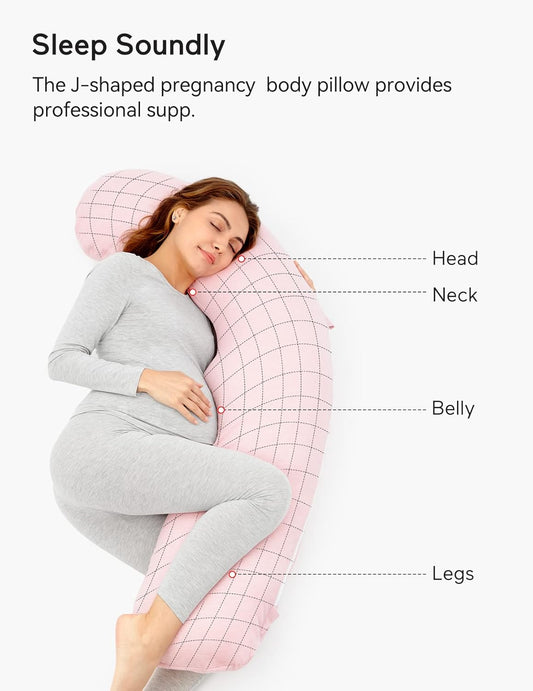 Momcozy J Shaped Pregnancy Pillows With Replacement Cover, Maternity Body Pillow For Pregnancy, Soft Pregnancy Pillow For Head Neck Belly Support, Pink