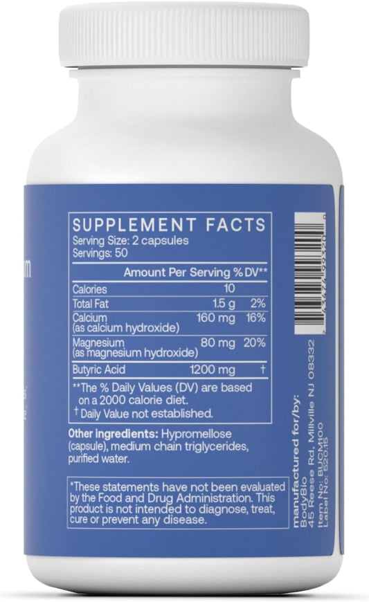 Bodybio Calcium Magnesium Butyrate - Postbiotic For Gut Health, Leaky Gut Repair, Digestive Support, Bloating Relief, & Microbiome Balance - Butyric Acid Supplement For Gi Wellness