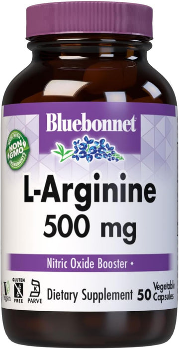 Bluebonnet Nutrition L-Arginine 500Mg, Free-Form Amino Acid, Nitric Oxide Precursor, Soy-Free, Gluten-Free, Non-Gmo, Kosher Certified, 50 Vegetable Capsules, 50 Servings