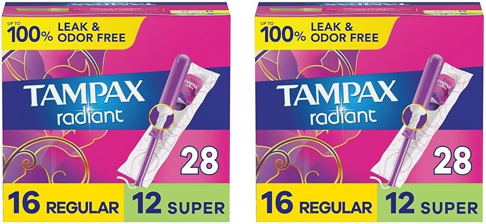 Tampax Radiant Tampons Multipack with Leakguard Braid, Regular/Super Absorbency, with Leakguard Braid, Unscented, 28 Count (Pack of 2)