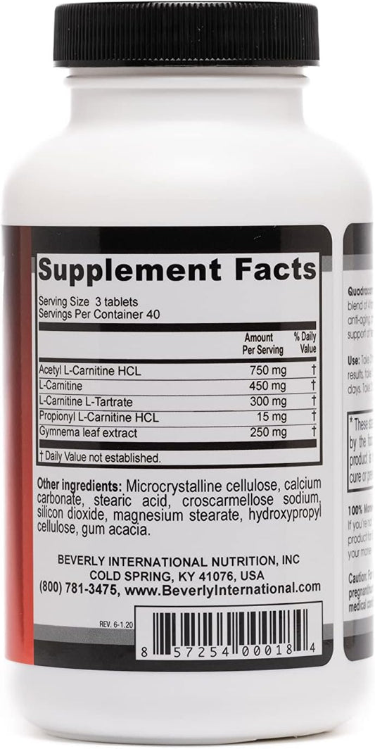 Beverly International Quadracarn 4X-Potency, Lab Tested Ultra-Premium Carnitine Blend For Fat Loss, Muscle Definition, Metabolism, Mood, Energy Boost, Anti-Aging, Brain Function. 120 Tablets