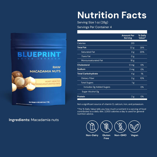 Blueprint Bryan Johnson Raw Macadamia Nuts - No Palm Oil - Keto And Low Carb Snack - No Added Sugar, Vegan, Non Gmo, Keto And Paleo Friendly (4 Ounces)