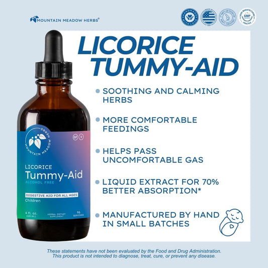 Mountain Meadow Herbs Licorice Tummy-Aid For Babies & Kids – Gas Relief Drops For Colic, Upset Stomach, Reflux & Bloating – Natural, Alcohol-Free Liquid Formula – 4 Oz