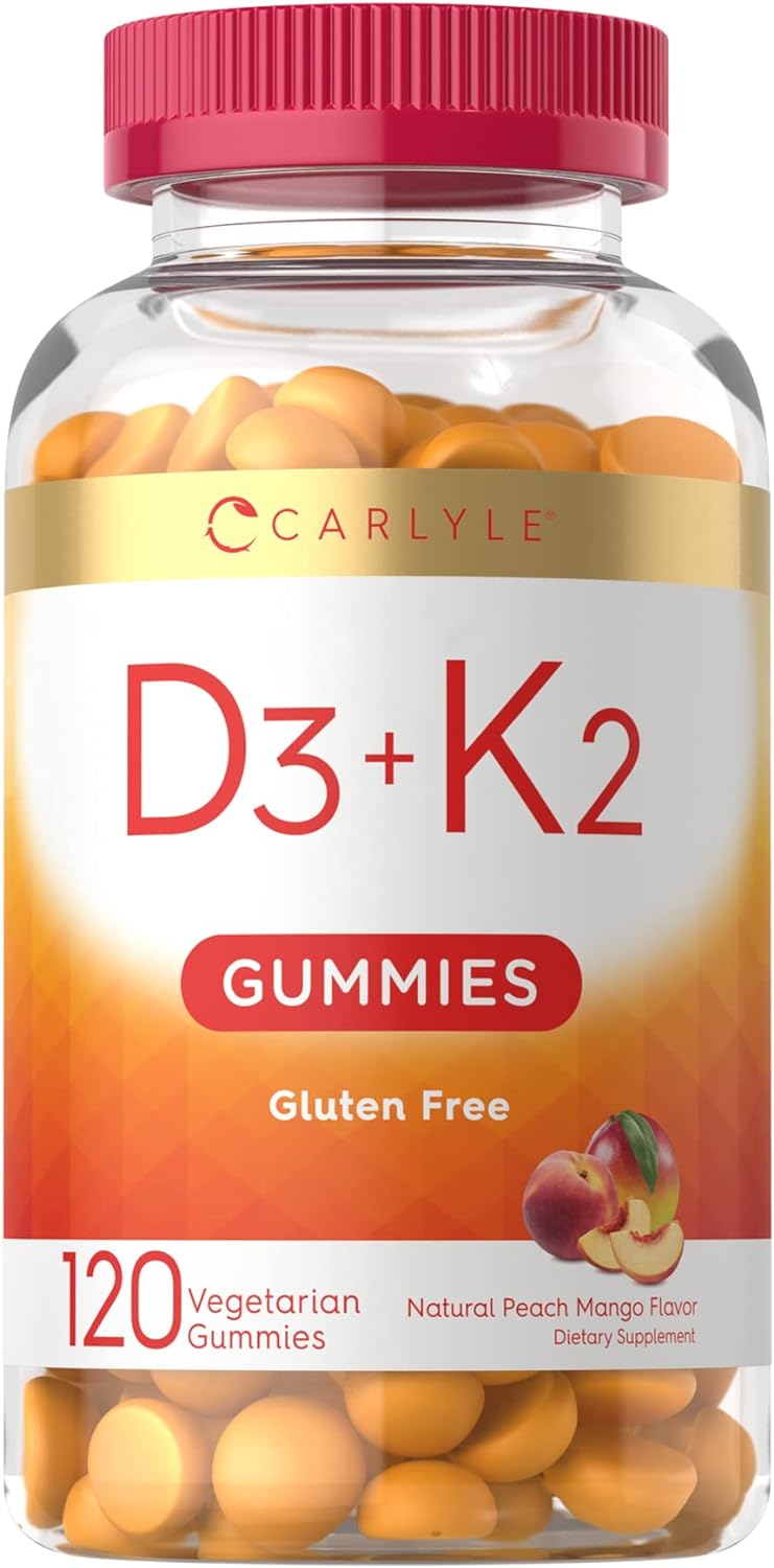 Vitamin D3 K2 Gummies | 120 Count | with Calcium | Vegetarian, Non-GMO, and Gluten Free Vitamin Supplement | by Carlyle