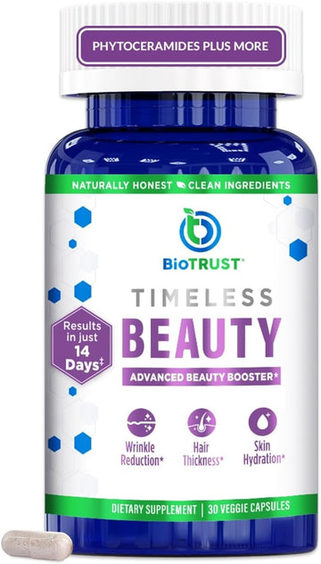 Biotrust Timeless Beauty Ceramide Booster – Hair & Skin Restoring Phytoceramides Supplement + Vitamin C, Vitamin E, Biotin, Zinc, Hyaluronic Acid – Potent Blend For Hair, Skin & Nails - 30 Capsules