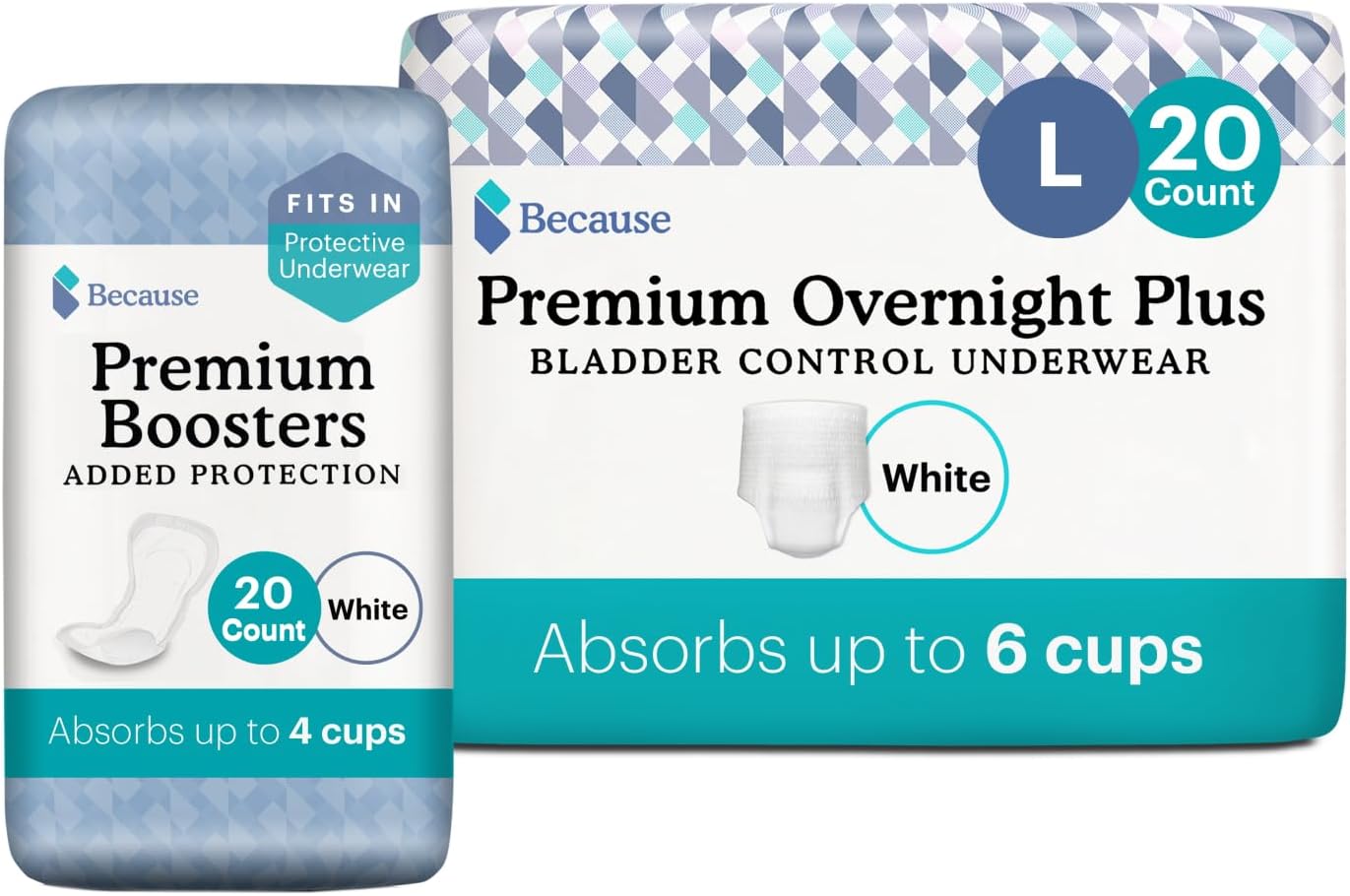 Because Overnight Incontinence Underwear And Booster Pad Bundle For Men And Women | Includes Underwear - White, Size Large 20 Count And Booster Pads 20 Count - Absorbs Up To 10 Cups