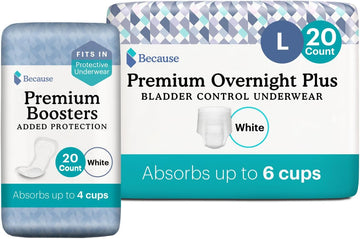 Because Overnight Incontinence Underwear And Booster Pad Bundle For Men And Women | Includes Underwear - White, Size Large 20 Count And Booster Pads 20 Count - Absorbs Up To 10 Cups