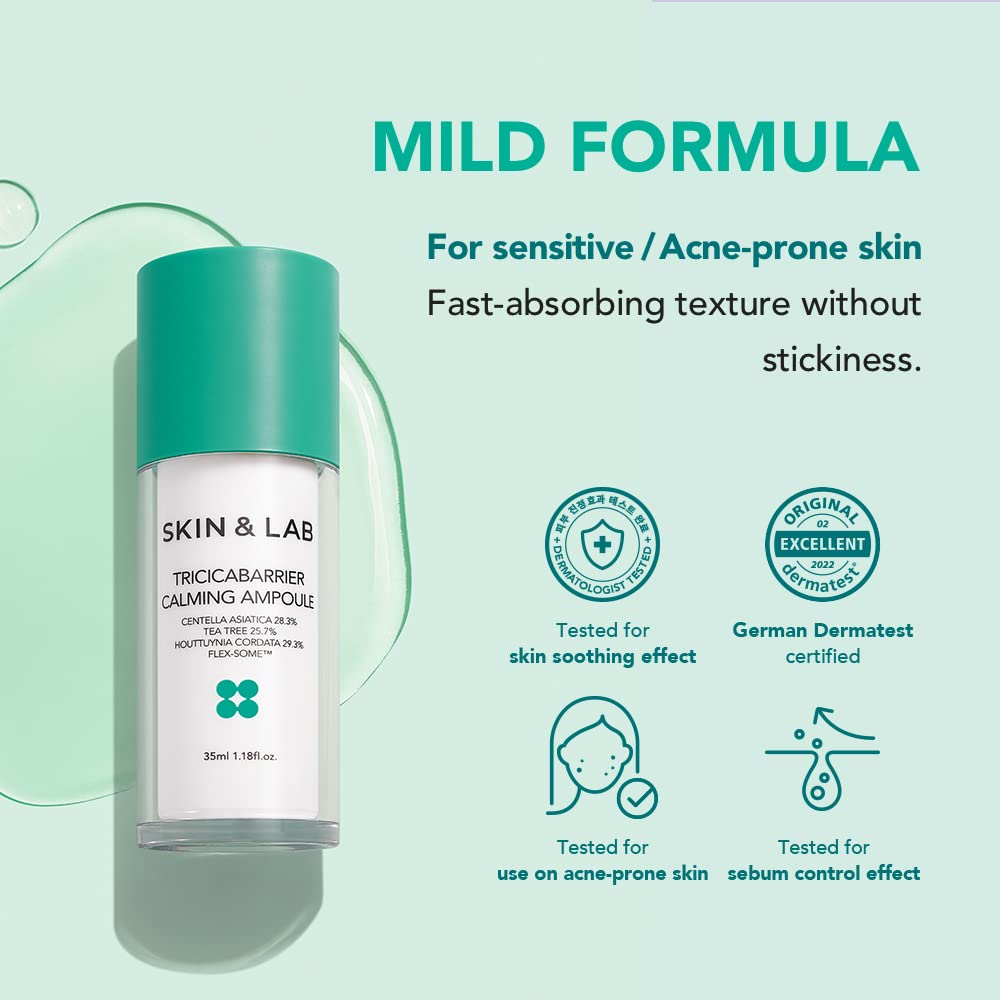 Skin&Lab Tricicabarrier Calming Ampoule | Daily Facial Serum | Contains Centella Asiatica, Tea Tree And Houttuynia Cordata | Calming Sensitive, Oily Acne-Prone Skin | 1.18 Fl Oz