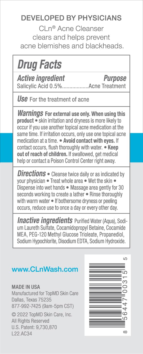 Cln® Acne Cleanser-The Only Cleanser With 0.5% Salicylic Acid Preserved With Sodium Hypochlorite For Clarifying Skin From Blackheads & Breakouts, Oil-Free & Fragrance-Free, 8 Fl Oz