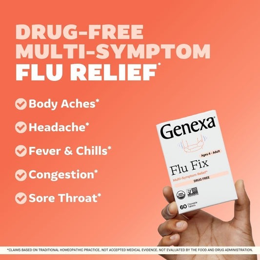 Genexa Flu Fix | Multi-Symptom Flu Remedy For Kids & Adults | Relieves Aches, Fever, Congestion | Acai Berry Flavor | Organic & Non-Gmo | Homeopathic Remedy Made Clean | 60 Chewable Tablets, Ages 4+?