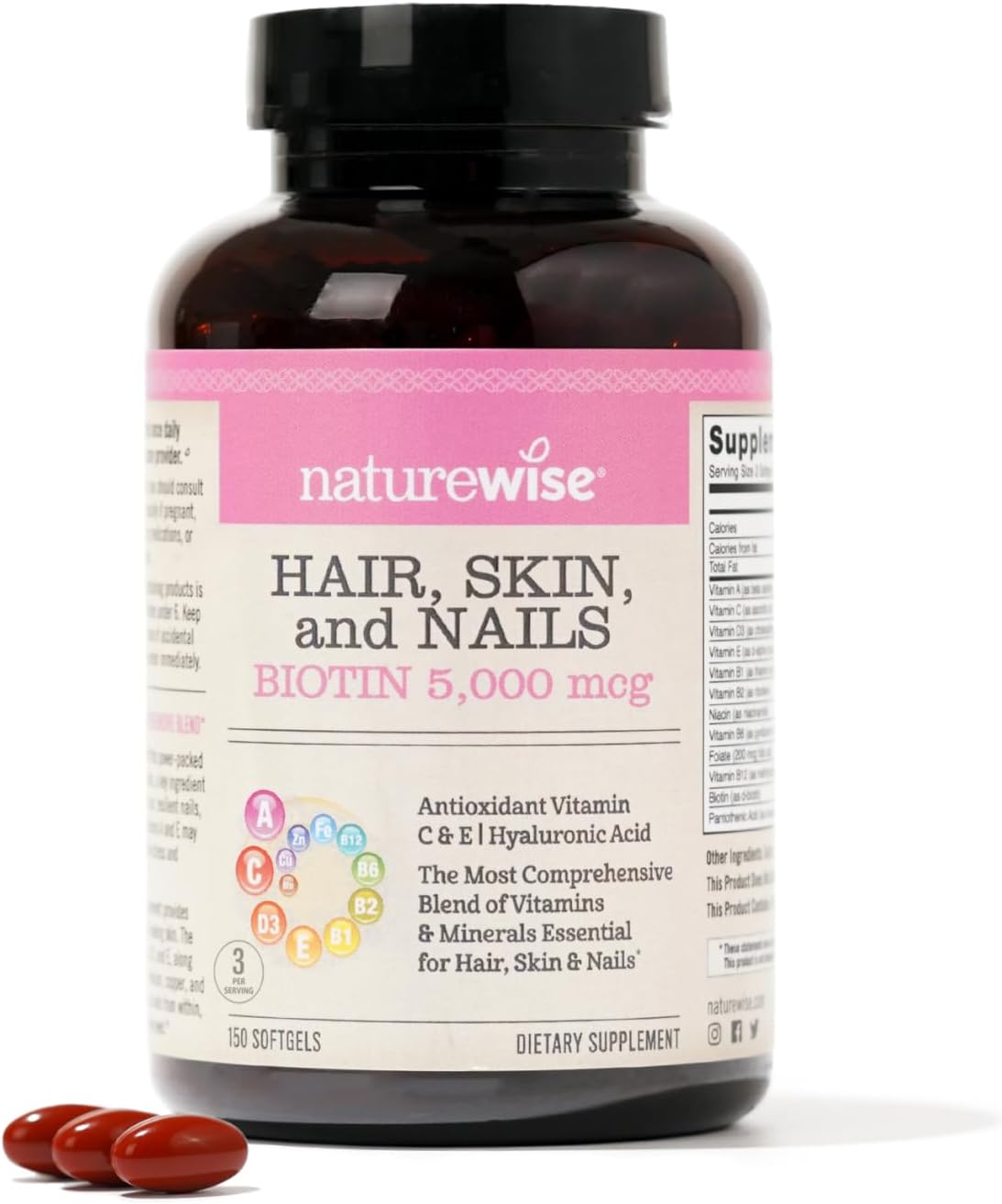 Naturewise Hair Skin And Nails Vitamin, Biotin 5000Mcg W/Hyaluronic Acid, Collagen, Multivitamin For Women W/Vitamin C, B Complex, D3, A, E, Iron - Non-Gmo, Gluten Free - 150 Softgels[50-Day Supply]