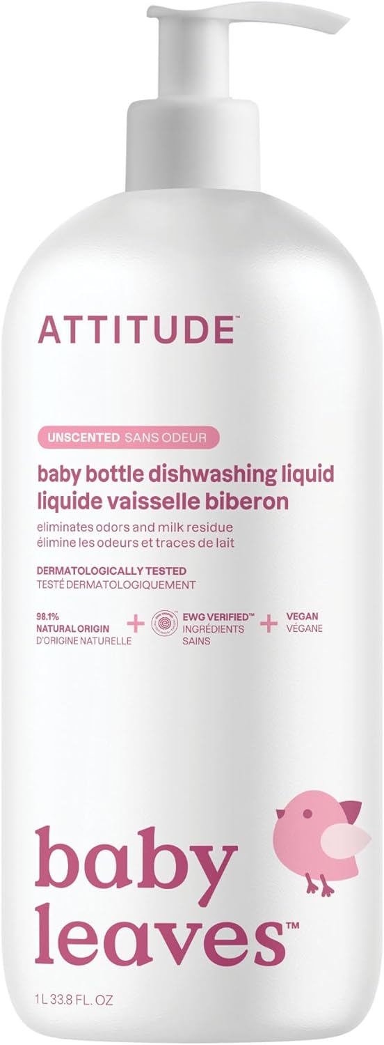 Attitude Baby Dish Soap And Bottle Cleaner, Ewg Verified Dishwashing Liquid, No Added Dyes Or Fragrances, Tough On Milk Residue And Grease, Vegan, Unscented, 33.8 Fl Oz