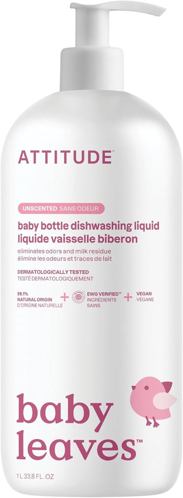 ATTITUDE Baby Dish Soap and Bottle Cleaner, EWG Verified Dishwashing Liquid, No Added Dyes or Fragrances, Tough on Milk Residue and Grease, Vegan, Unscented, 33.8 Fl Oz