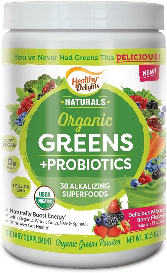 Healthy Delights Naturals - Organic Greens Plus Probiotics Powder - Naturally Boost Energy - USDA Organic - Delicious Berry Flavored - 30 Servings