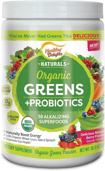Healthy Delights Naturals - Organic Greens Plus Probiotics Powder - Naturally Boost Energy - USDA Organic - Delicious Berry Flavored - 30 Servings