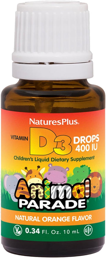 NaturesPlus Animal Parade Source of Life Liquid Vitamin D3 Drops for Children - 200 iu, 10 ML - Orange Flavor - Bone Health & Immune System Support Supplement - Gluten-Free, Vegetarian - 365 Servings