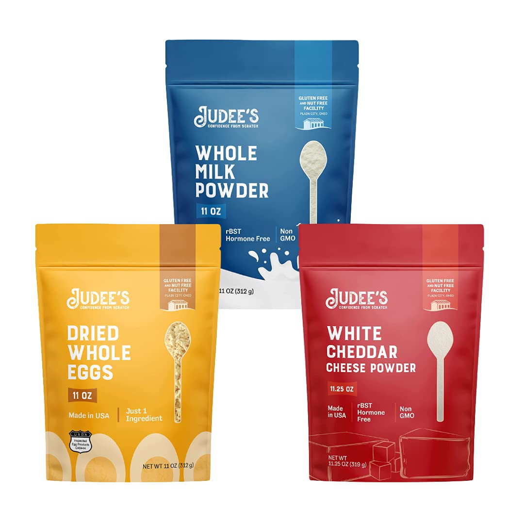 Judee's Camping Bundle: Whole Egg Powder (11 oz), Whole Milk Powder (11 oz), White Cheddar Cheese Powder (11.25 oz)