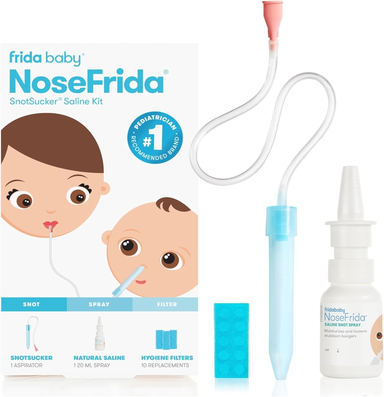 Frida Baby Nasal Aspirator, Nosefrida Baby Nose Sucker With 10 Extra Filters + All-Natural Saline Nasal Spray For Babies, 0.68 Fl Oz