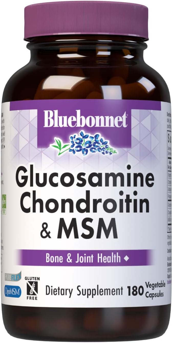 Bluebonnet Nutrition Glucosamine Chondroitin Plus MSM, Glucosamine, Chondroitin Sulfate, Vitamin C & OptiMSM, Bone & Joint Health, Non GMO, Gluten Free, Soy Free, Milk Free, 180 Vegetable Capsules