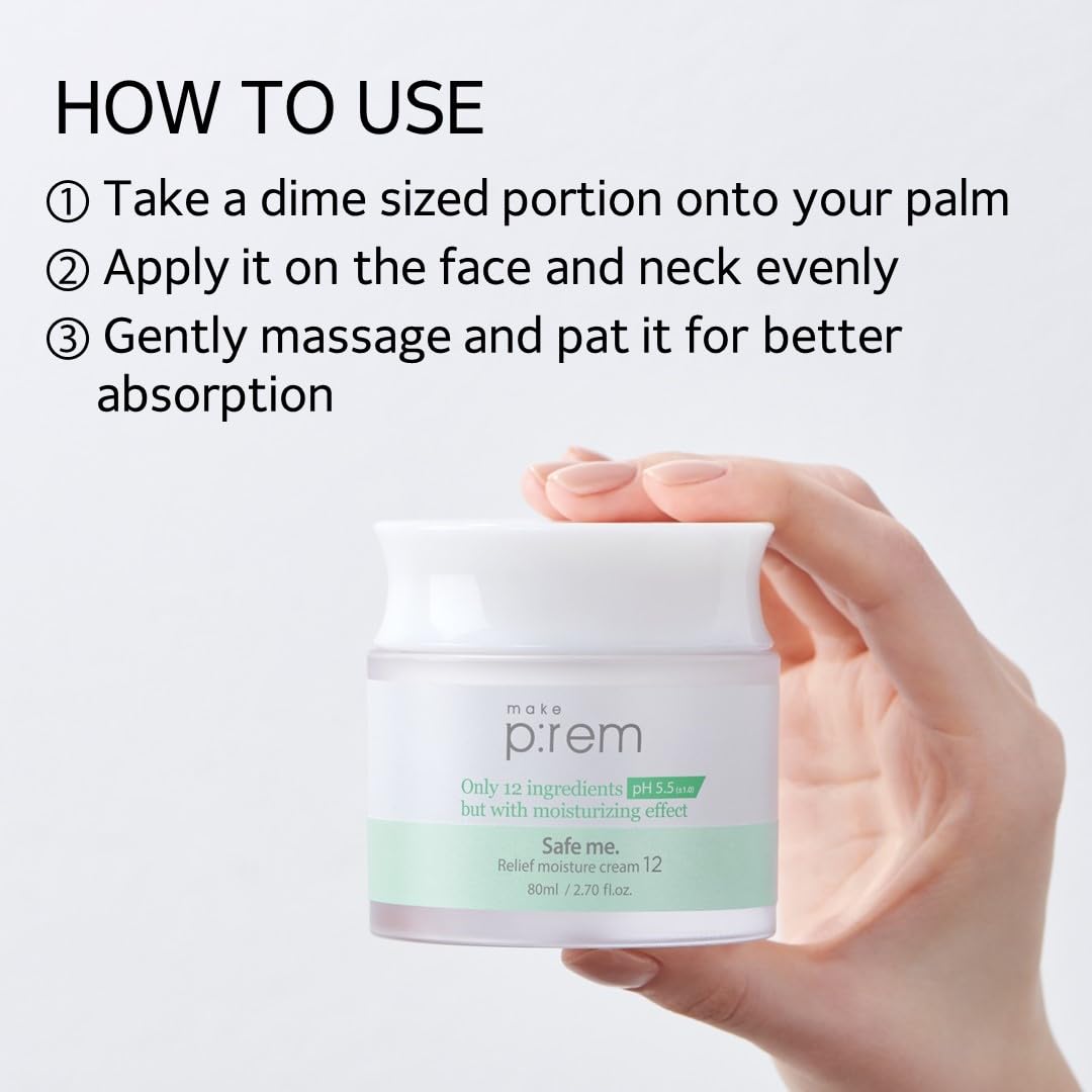 Make P:Rem Safe Me. Relief Moisture Cream 12, Clinically Proven 48-Hour Hydration, Minimal Ingredients, Ewg Green, Korean Skin Care, 80Ml, 2.70 Fl.Oz