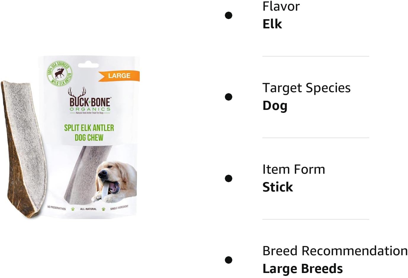 Buck Bone Organics Dog Chews, Elk Antlers for Dogs, Long Lasting Dog Bones for Aggressive Chewers, All Natural, No Preservatives, Wild Shed in The USA (Large) : Pet Supplies