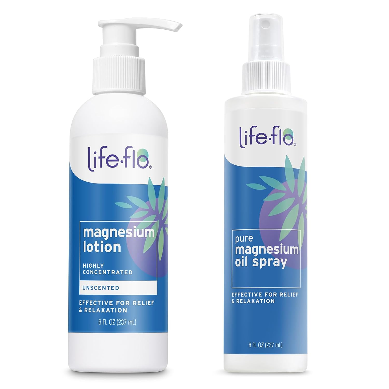 Life-Flo Magnesium Lotion And Pure Magnesium Oil Spray Bundle - With Magnesium Chloride From The Zechstein Seabed - 100% Magnesium Oil For Feet And Body And Unscented Lotion, 60-Day Guarantee, 8Oz Ea