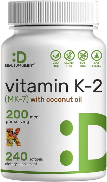 Vitamin K2 (Mk-7) 200Mcg, 240* Virgin Coconut Oil Softgels | Premium Menaquinone-7 Form