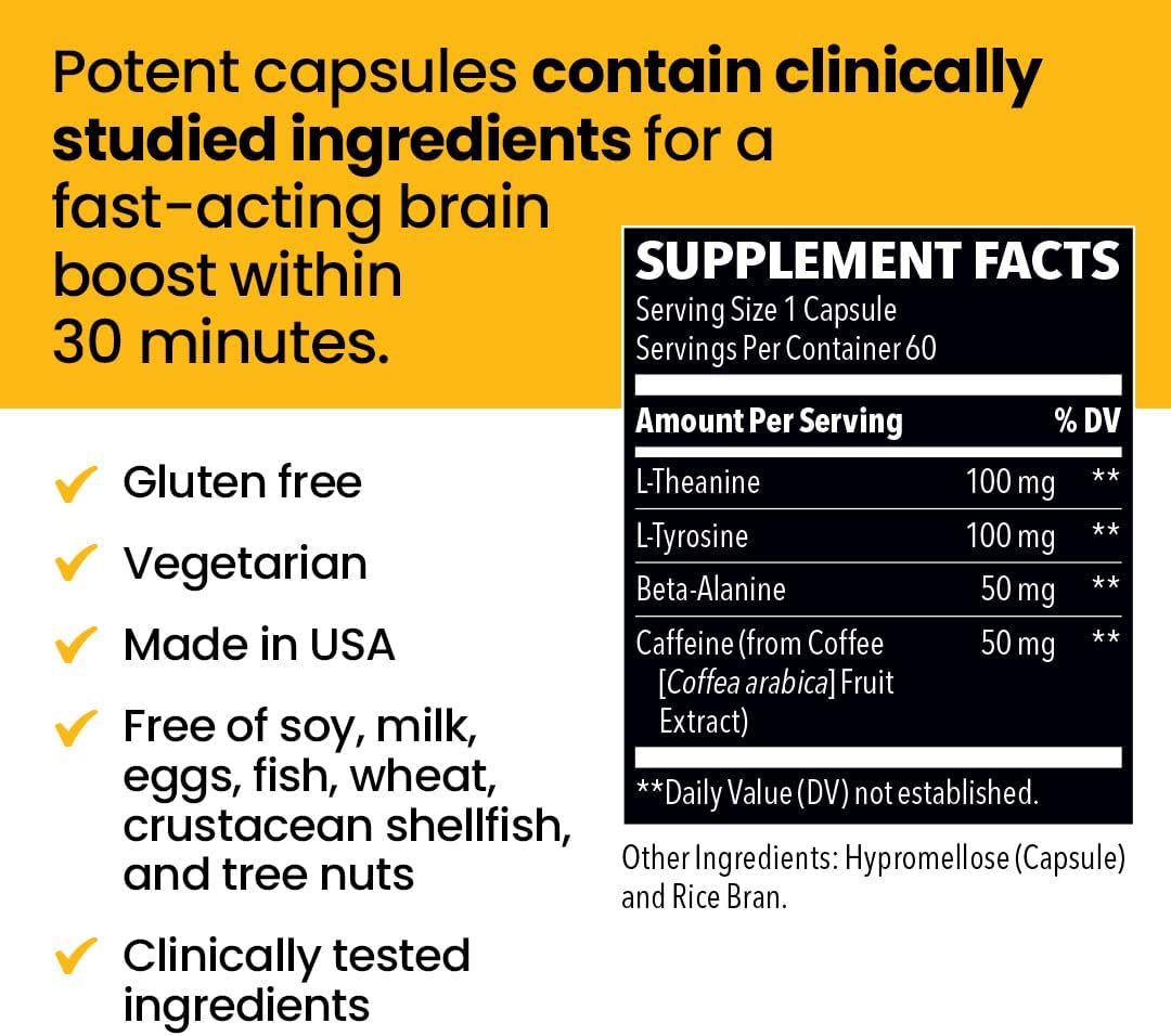 NeuroQ Quick Thinking Supplement Pills - Boosts Alertness + Supports Mental Focus & Concentration - L-Theanine, Caffeine, L-Tyrosine & Beta-Alanine - 60 Capsules : Health & Household