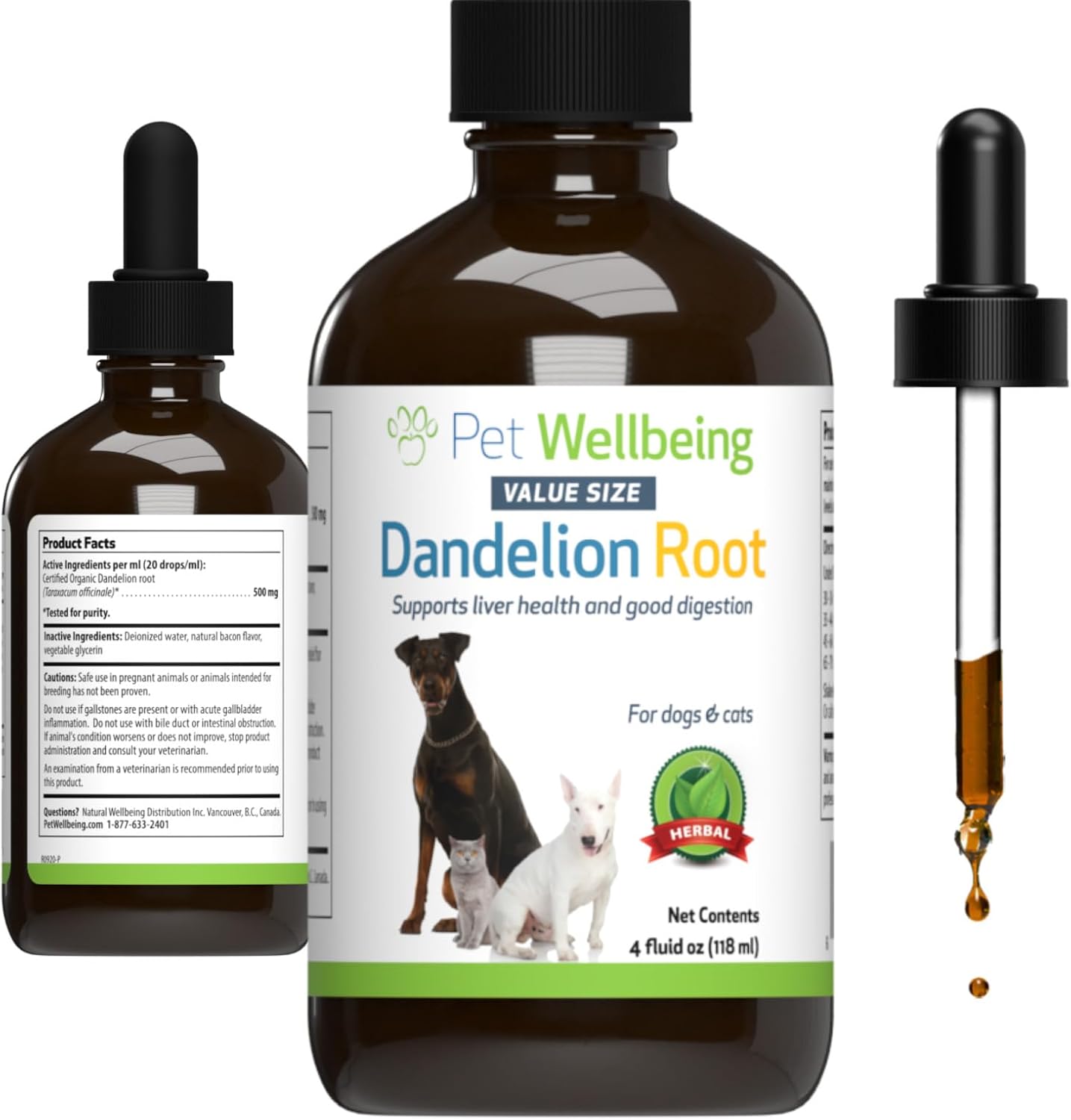 Pet Wellbeing Dandelion Root For Dogs & Cats - Liver, Digestive, Cardiovascular, Blood Sugar Support - Natural Herbal Supplement 4 Oz (118 Ml)
