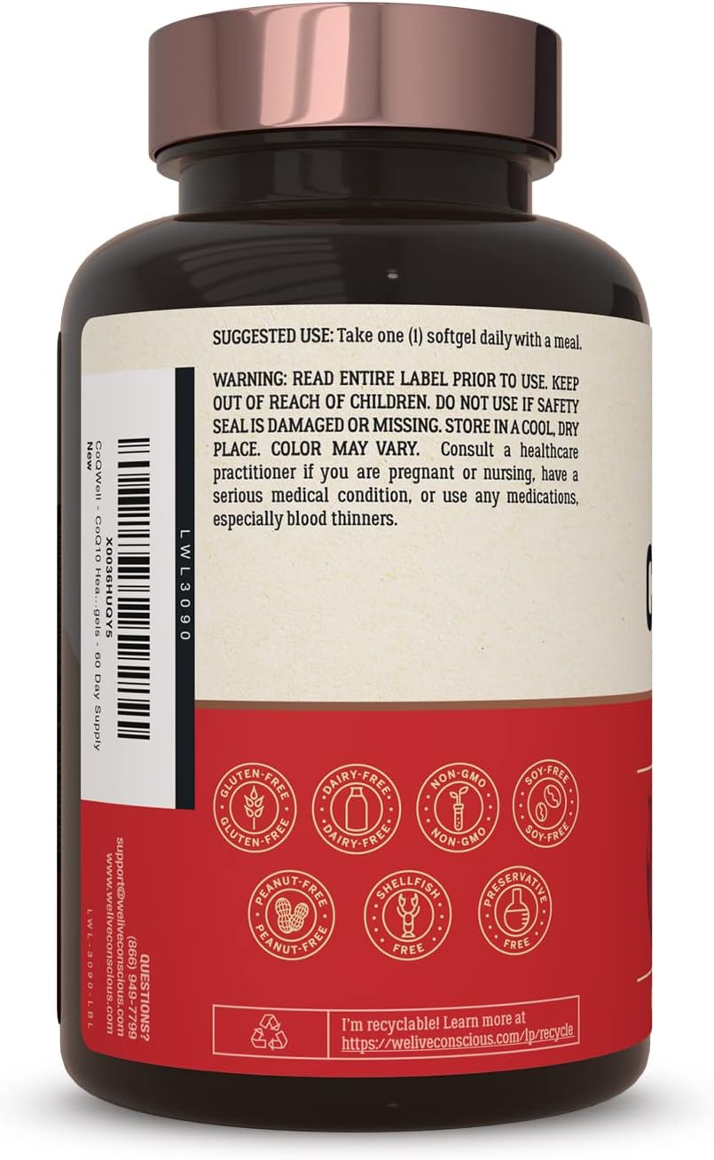 Live Conscious CoQWell - CoQ10 Heart, Brain, and Vascular Health Support | High-Absorption, Patented Coenzyme Q10 CoQsol | 60 Softgels - 60 Day Supply : Health & Household
