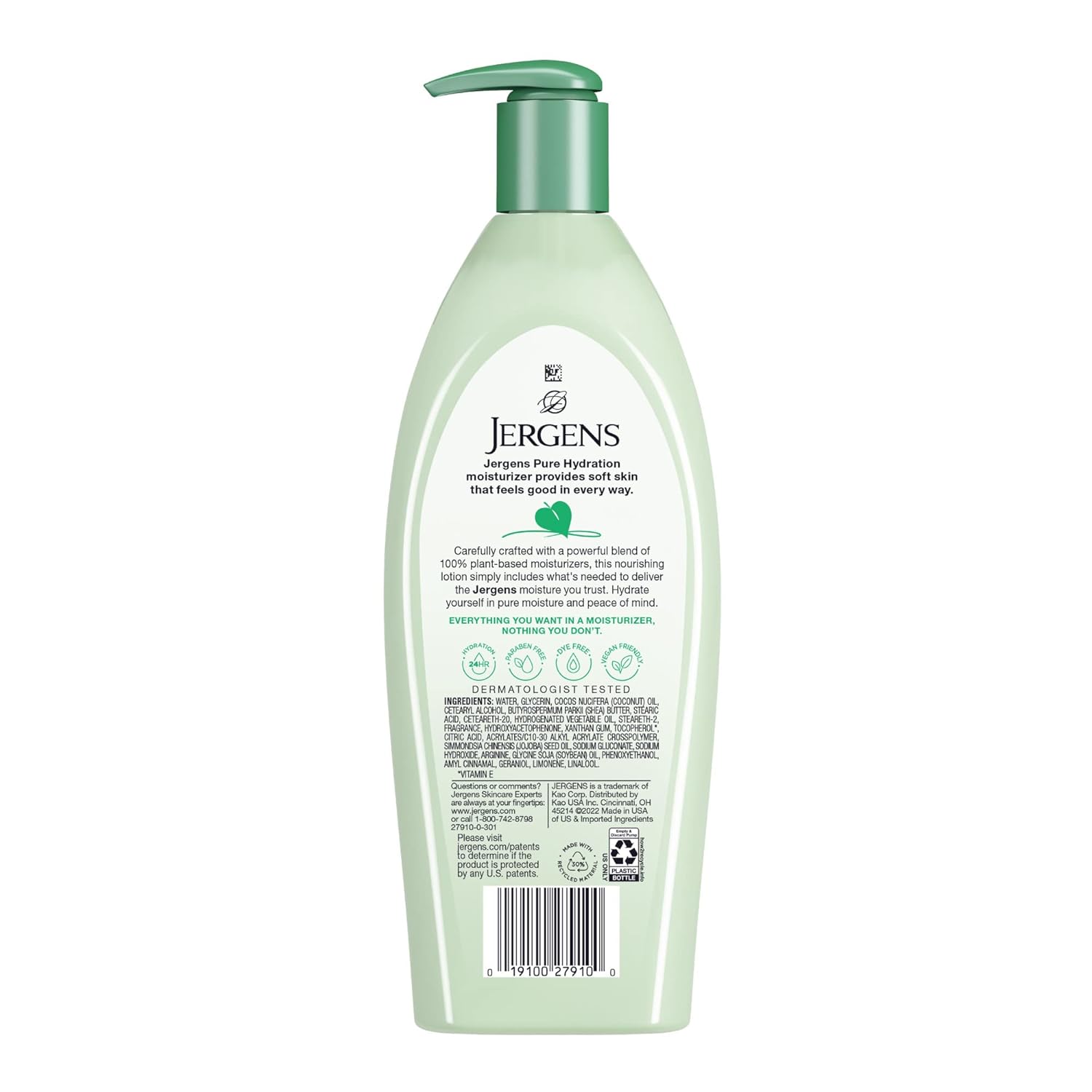 Jergens Pure Hydration Body Lotion, Plant Based Moisturizer Hydrates Dry To Extra Dry Skin, Paraben And Cruelty Free, Fragrance Free Formula, 24Hr Hydration, 13 Oz : Beauty & Personal Care