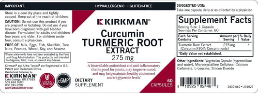 Kirkman Curcumin Turmeric Root Extract 275 Mg || 60 Vegetarian Capsules || Antioxidant Activity || Immune System Support