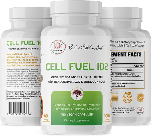 Red'S Kitchen Sink Cell Fuel 102 Sea Moss Capsules | Made With Irish Sea Moss Bladderwrack And Burdock Root | Organic Sea Moss | 120 Seamoss Pills Per Jar - 60 Servings / 2 Month Supply
