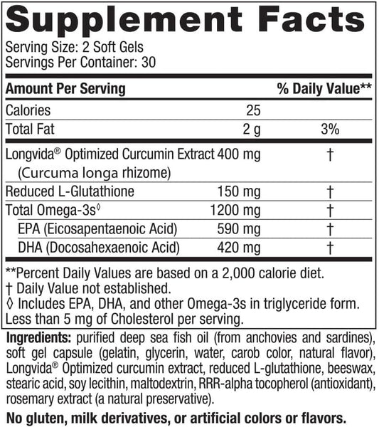 Nordic Naturals Omega Curcumin, Lemon - 60 Soft Gels - 1200 mg Omega-3 + 400 mg Optimized Curcumin - Combats Cellular Stress - Non-GMO - 30 Servings