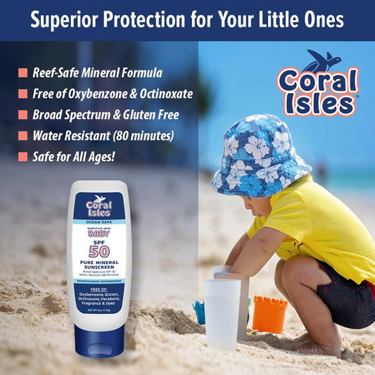 Baby Sunscreen SPF 50, Reef Safe Mineral Sunscreen, Broad Spectrum UVA/UVB, Fragrance Free, Water & Sweat Resistant, Zinc Oxide Sunscreen for Sensitive Skin, 6 FL Oz Bottle