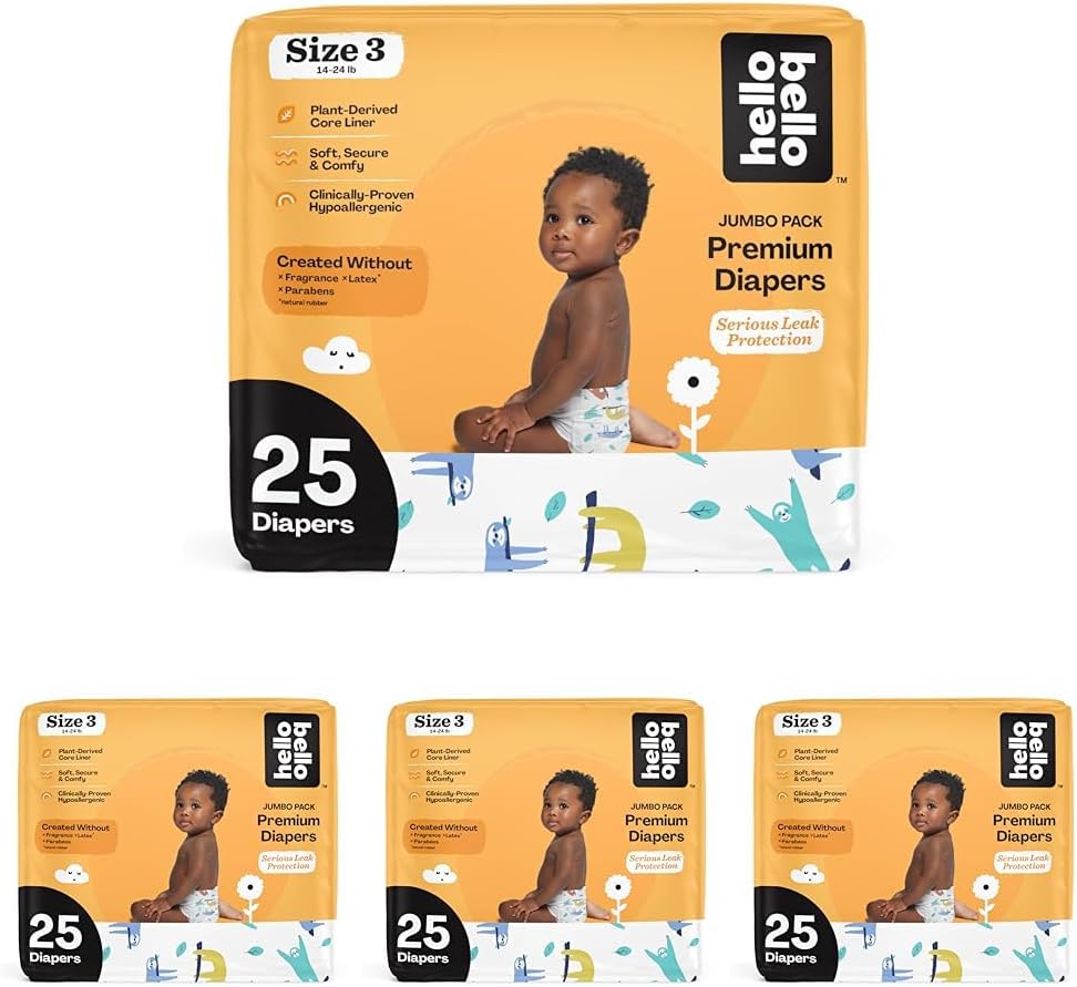 Hello Bello Premium Baby Diapers Size 3 I 25 Count Of Disposable, Extra-Absorbent, Hypoallergenic Baby Diapers With Snug And Comfort Fit I Sleepy Sloth (Pack Of 4)