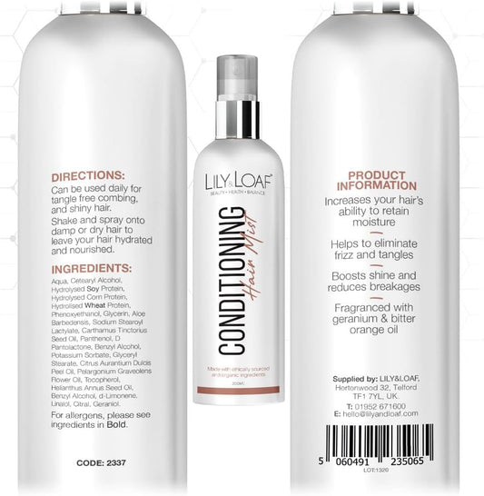 Lily & Loaf Conditioning Hair Mist – Leave-In Hydrating Spray For All Hair Types – Vegan, Lightweight & Nourishing – Smooths, Softens & Adds Shine – 200Ml