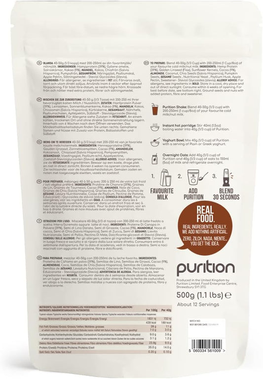 Purition Vegan Cocoa Large Bag | Premium Vegan High Protein Powder For Keto Shakes And Smoothies With Only Natural Ingredients For Weight Loss | 1 X 12 Meal Bag