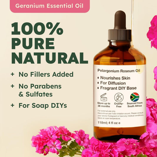 Kukka Rose Geranium Essential Oil For Skin - 100% Pure Natural 4 Fl Oz Geranium Oil For Diffuser - Rose Geranium Essential Oil For Aromatherapy - Soap Making Scent & Diy