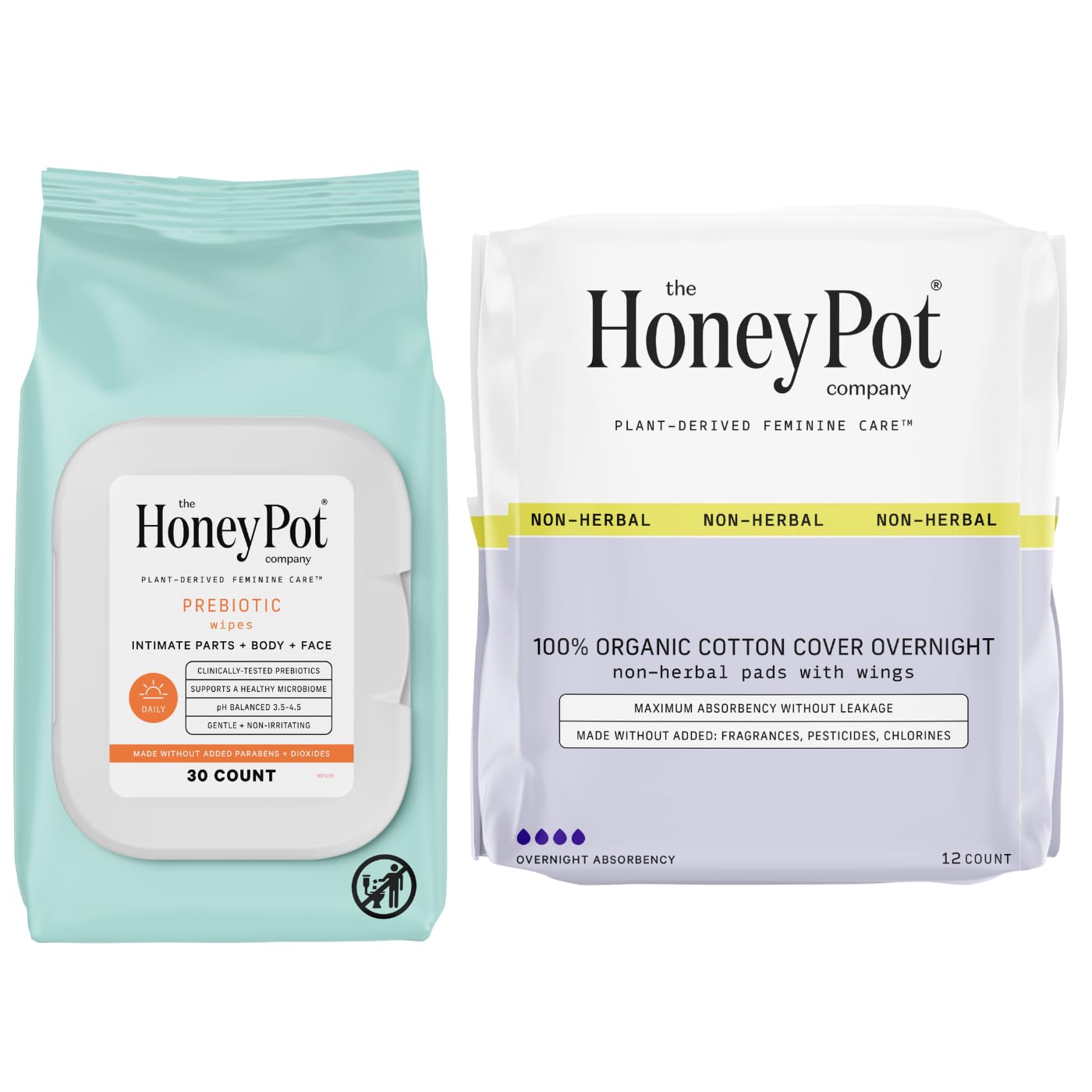 The Honey Pot Company - Prebiotic Feminine Wipes & Non-Herbal Overnight Pads Bundle - Ph Balanced Natural Hygiene Feminine Products - Sanitary Pads For Women - Feminine Care - Fsa & Hsa Eligible