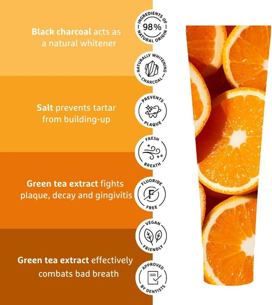 Ecodenta - Orange Charcoal Toothpaste Fluoride Free - Whitening Toothpaste Charcoal - Natural Toothpaste Flavor - Black Activated Charcoal Toothpaste - Stain Removing Toothpaste For Smokers - 100Ml