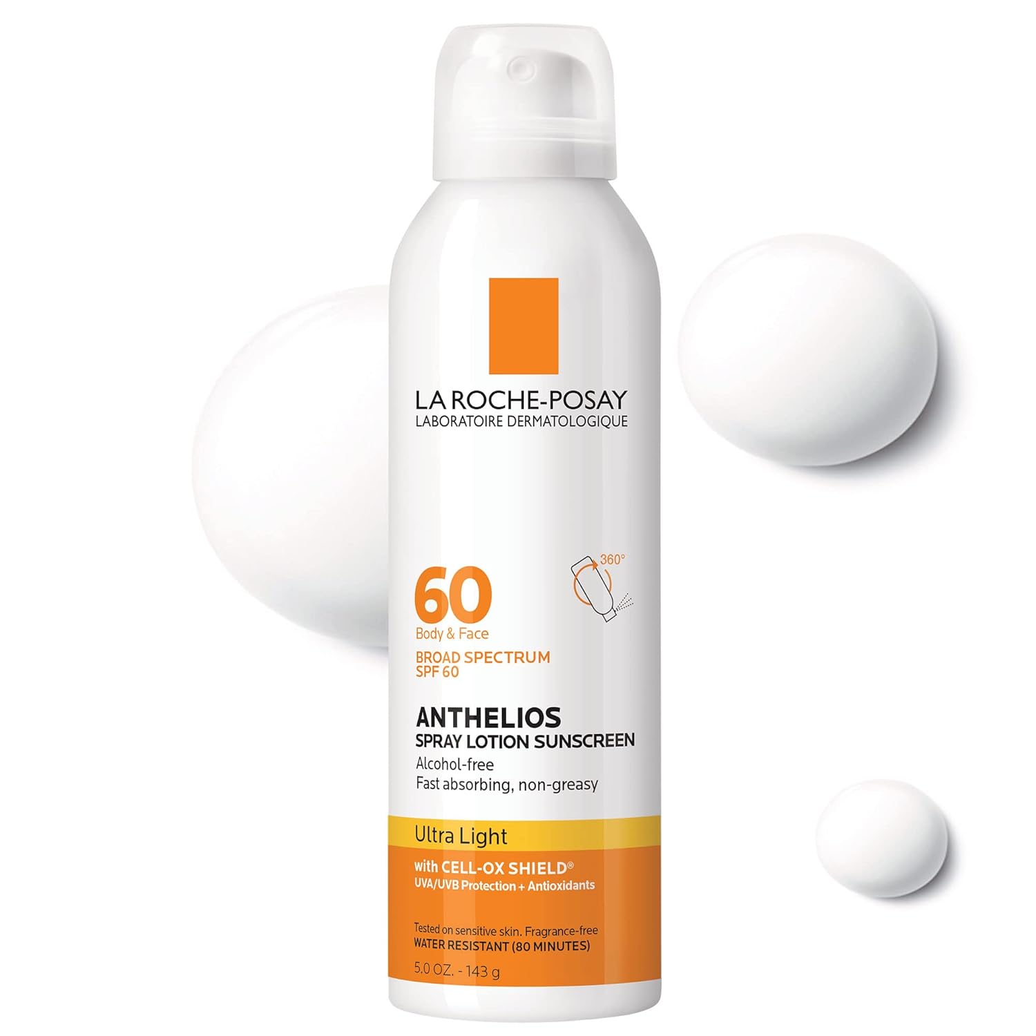 La Roche-Posay Anthelios Ultra-Light Sunscreen Spray Lotion Spf 60 | Spray Sunscreen For Face & Body | Broad Spectrum Spf + Antioxidants | Oil Free | Alcohol Free | Water Resistant 80 Min. | 5 Fl. Oz