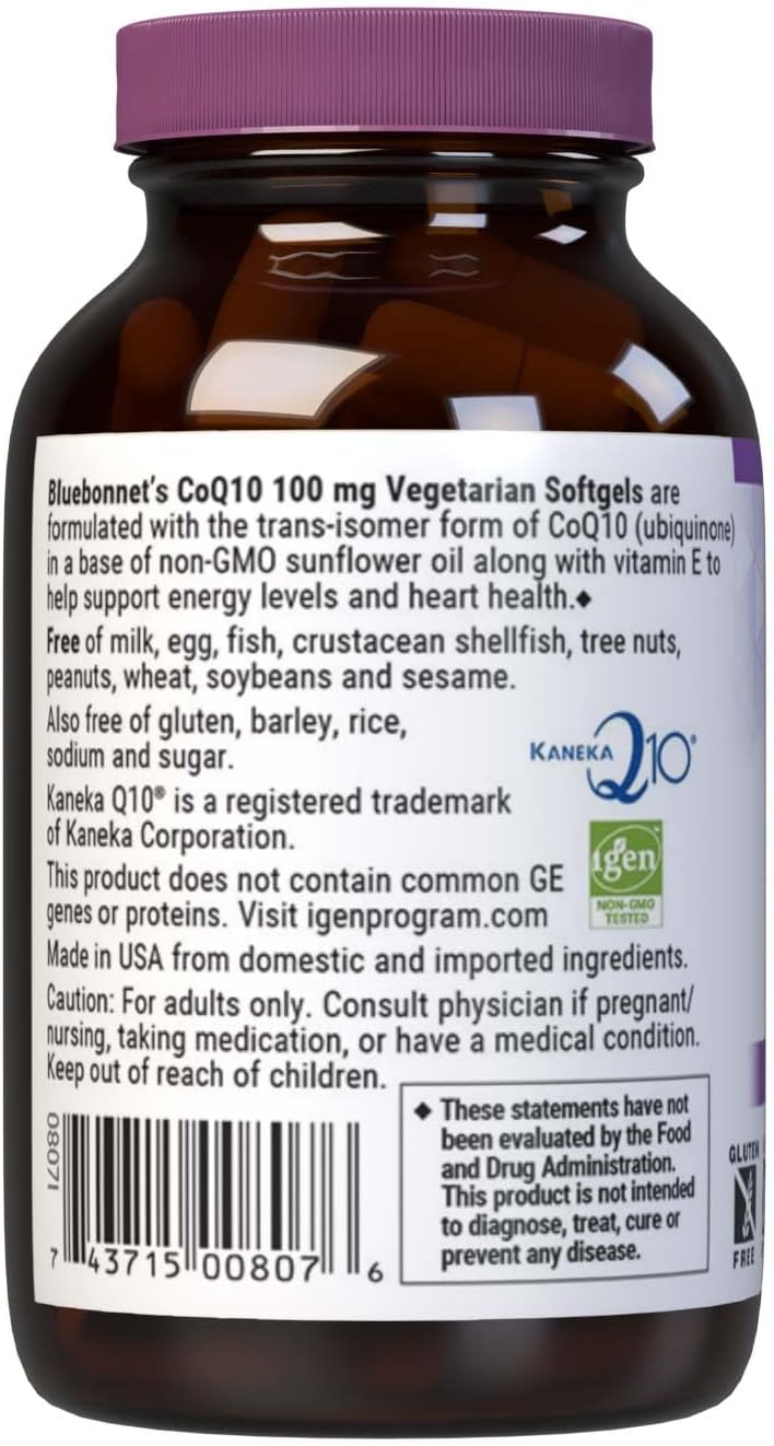 Bluebonnet Nutrition Coq10 100 Mg, Energy Production*, Heart Health*, Non-Gmo, Gluten-Free, Soy-Free, Vegetarian Friendly, 30 Vegetarian Softgels, 30 Servings