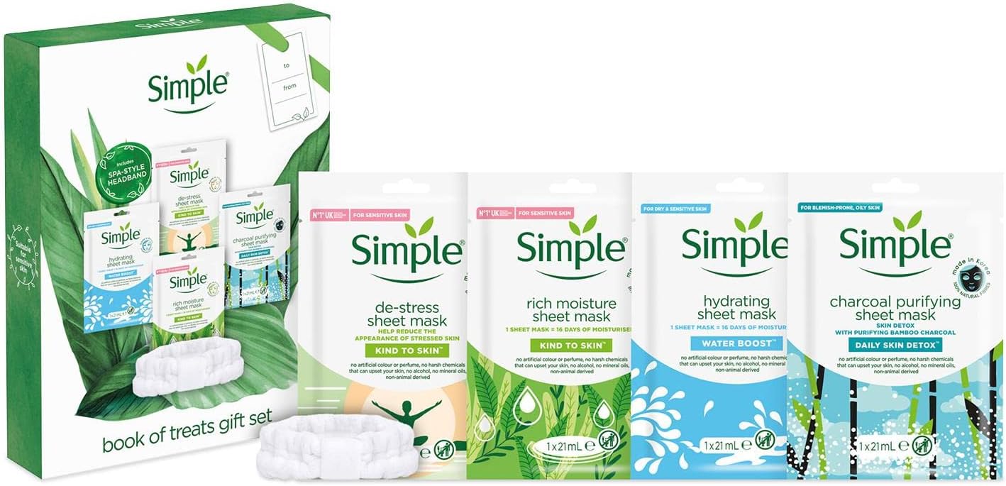 Simple Book Of Treats Four Sheet Masks For Every Skin Condition With A Stretch Head Band Gift Set Festive Gifts For Women 4 Piece