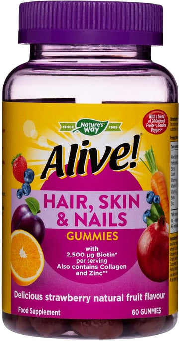 Alive! Hair, Skin & Nails Supplement | Contains 2,500Mcg Of Biotin | 60 Gummies (1 Month Supply) | Delicious Multivitamin Gummies To Nourish Your Hair, Skin & Nails